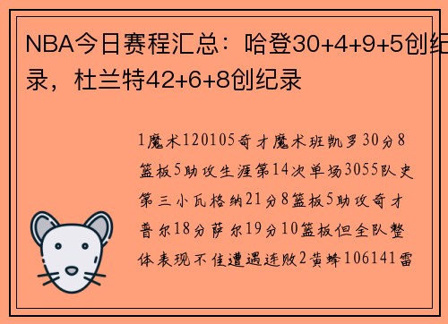 NBA今日赛程汇总：哈登30+4+9+5创纪录，杜兰特42+6+8创纪录