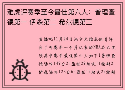 雅虎评赛季至今最佳第六人：普理查德第一 伊森第二 希尔德第三